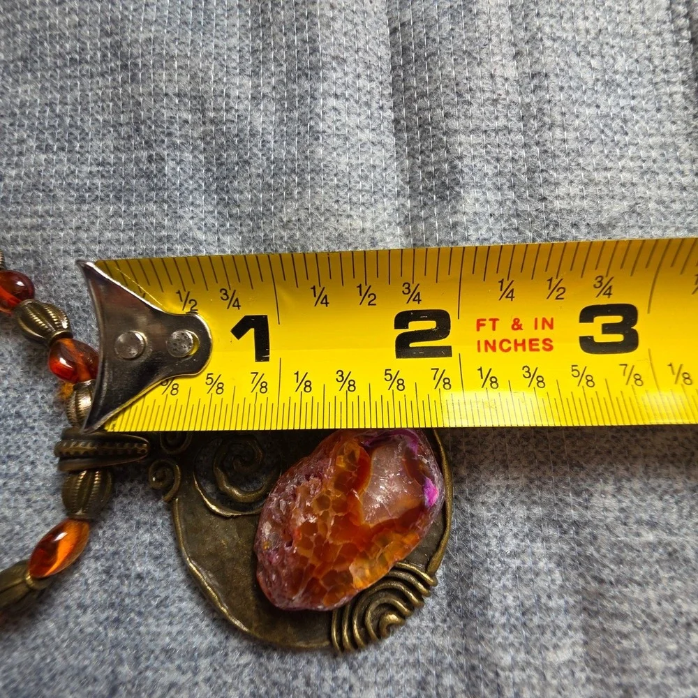 Bohemian‎ Druzy and Amber Stone Pendant Necklace Brass Tone Chain
